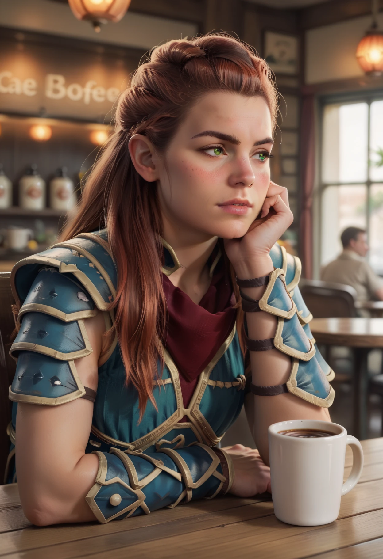 score_9, score_8_up, score_7_up, score_6_up, score_5_up, score_4_up, realistic, upper body, 1girl, Aloy, green eyes, bright red hair, carja armor, (pouty lips:1.3), blush, (head rest), looking to the side, cafe, table, coffee mug, indoors, 
 <lora:Aloy:.75>