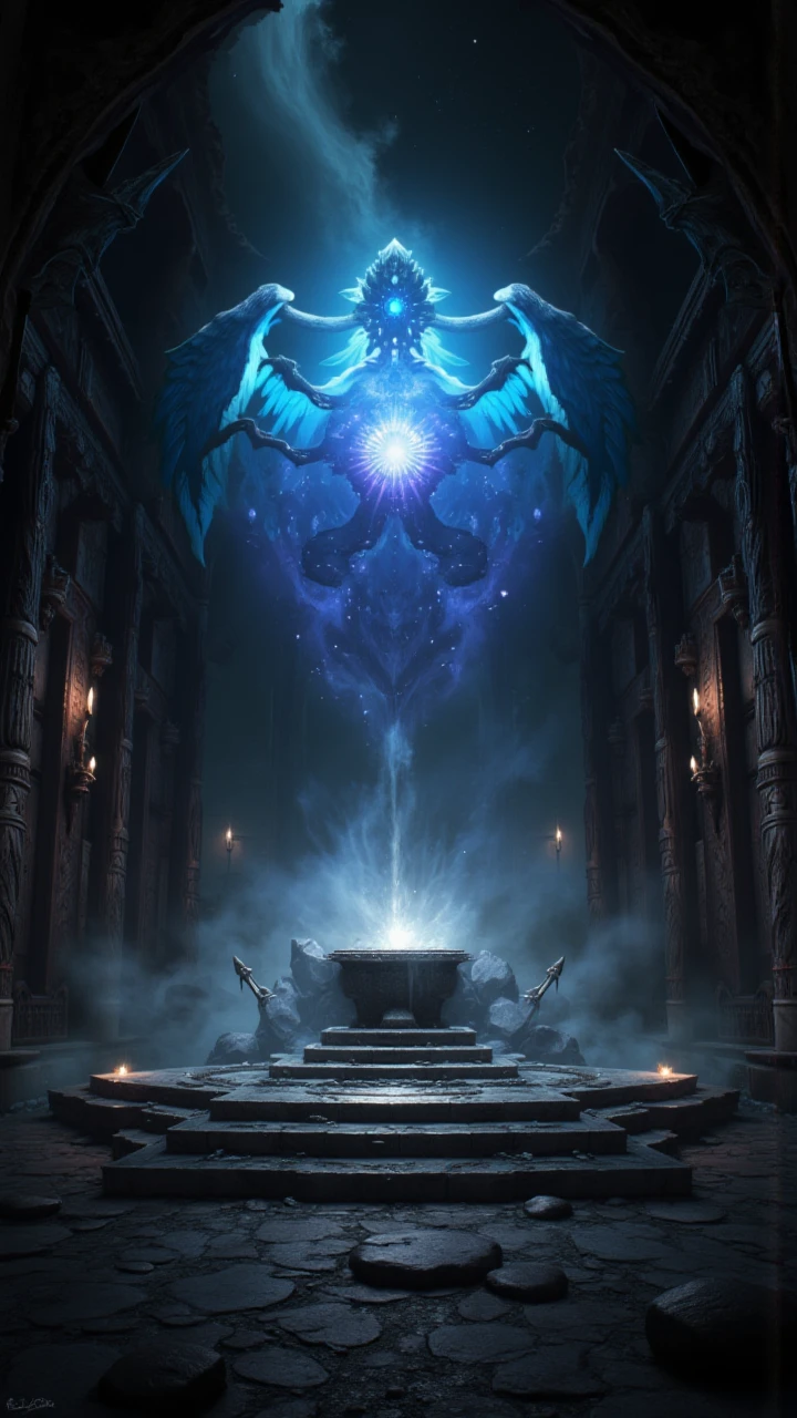 A mysterious orb floating above an altar in the middle of a ruined temple.    , aidmaDarkfantasy