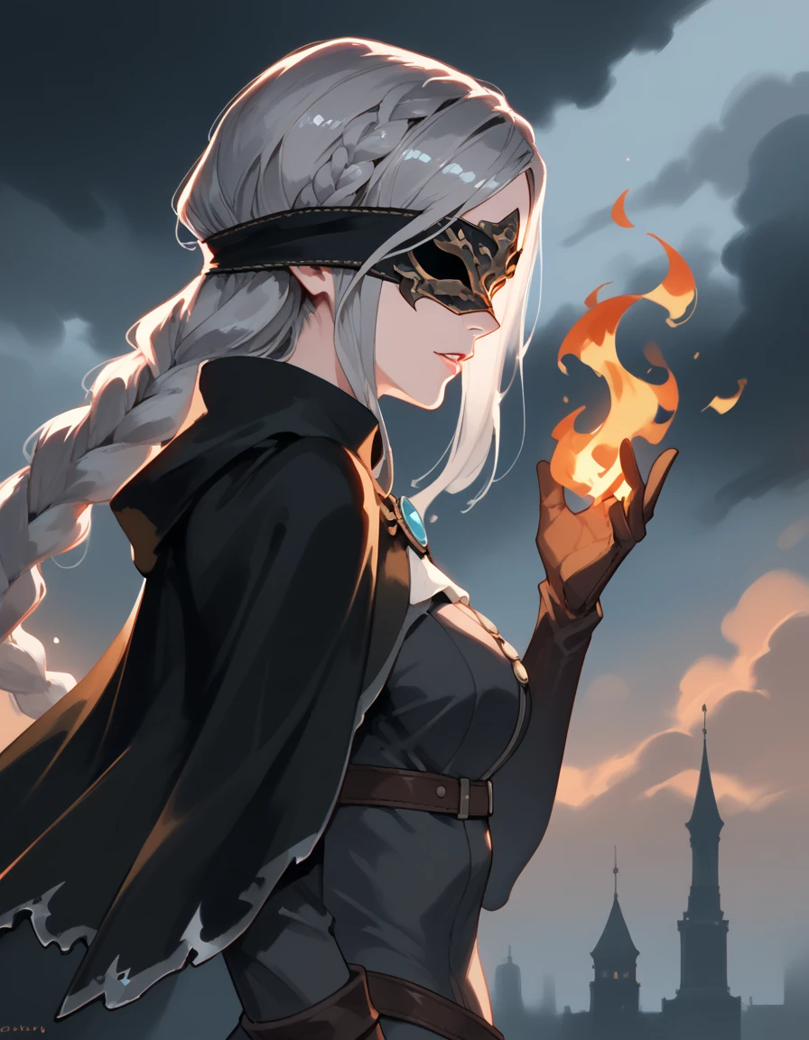 score_9, score_8_up, score_7_up, score_6_up, m1ne0h , lnp, 1girl, solo, long hair, breasts, gloves, upper body, braid, grey hair, parted lips, sky, cloud, from side, capelet, mask, cloudy sky, fire, cloak, blindfold, covered eyes, black capelet, <lora:m1ne0hv1.1-pony:1>