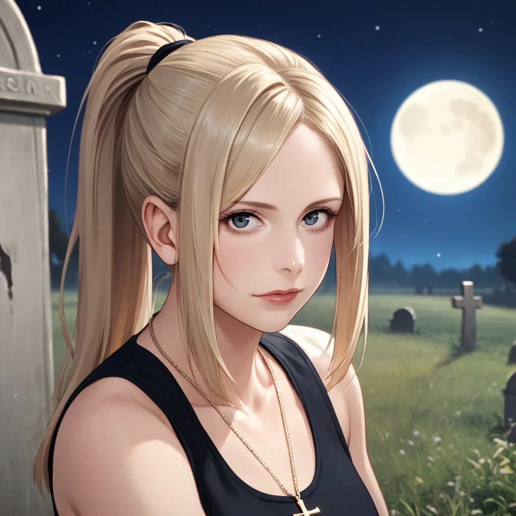 score_9, score_8_up, score_7_up, source_anime, professional photograph of Sarah Woman, portrait, young, wearing a sleeveless black blouse, blonde hair, long hair, ponytail, cross necklace, posing on a field, looking at the viewer, it's a graveyard, night time, moon in the background, dark lighhting, <lora:Sarah Pony 8:1>