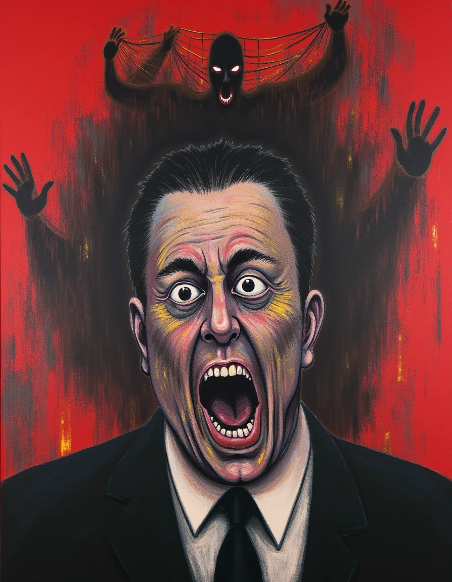 In a striking, emotionally charged painting, Elon Musk is depicted in the distinctive style of Francis Bacon, evoking a profound sense of vulnerability and inner turmoil. The central figure of Musk looms large, his features distorted and contorted into an expression of existential anguish, reminiscent of the deep struggles and pressures he often faces as a visionary leader. His eyes, wide and haunting, reflect a paradox of ambition and despair, capturing his relentless drive alongside the toll it takes on his psyche.

The background is an abstract chaos of swirling, aggressive colors—deep, blood-red hues interspersed with harsh blacks and vivid yellows—creating a visceral sense of urgency and turmoil. These jarring colors bleed into one another, symbolizing the relentless pace of innovation and the dark side of success that Musk embodies. The brushwork is erratic and vigorous, with thick, frantic strokes that evoke a feeling of movement and emotional intensity, as if the very canvas pulses with the weight of Musk's complex existence.

Around him, ghostly forms emerge, hinting at the phantoms of doubt and isolation that haunt transformative figures in the modern world. The bleak, abstracted environment isolates Musk, resembling a cage of distorted lines and shadows that amplifies his feelings of entrapment amidst great ambition. The stark contrast between the dynamic figure and the background serves to underscore the themes of isolation and existential crisis that pervade Bacon’s work, turning this portrayal of Musk into a profound commentary on the intersection of innovation, success, and the fragility of the human experience.