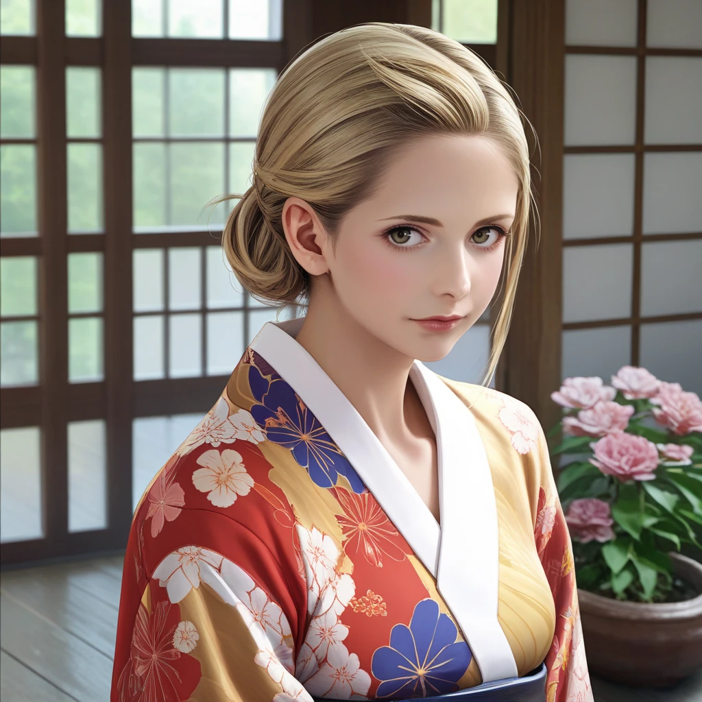 score_9, score_8_up, score_7_up, source_anime, professional photograph of Sarah Woman, portrait, young, wearing a colorful kimono, floral print, hair bun, blonde hair, long hair, posing on a japanese garden, looking at the viewer, sunny day, <lora:Sarah Pony 8:1>