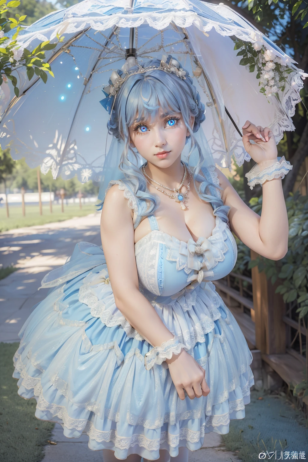 (masterpiece, best quality:1.2),illustration,8k,hd,1 girl,depth of field,bswq,dress,white dress,blue dress,umbrella,jewelry,necklace,pantyhose,bow,lace,lace trim,lace-trimmed dress,sleeveless dress,((cleavage)),big breasts,(outdoors:1.3),(glowing blue eyes:1.3),