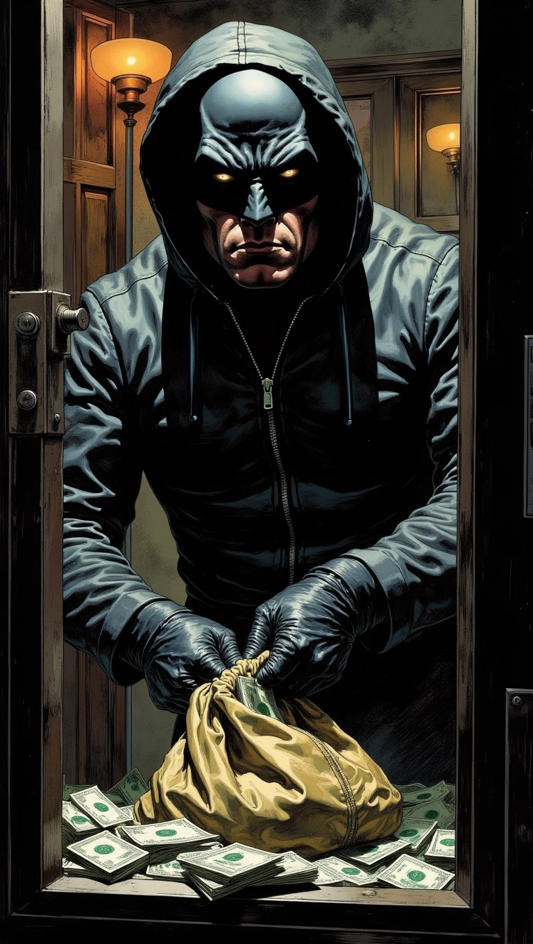 A lone bank robber, clad in a black mask and leather gloves, stands over an open vault filled with cash. His eyes gleam with excitement and greed as he stuffs the money into a large duffel bag. The alarm blares in the background, but he remains focused on his prize.
<lora:Adventure_Comic_Book:0.8>