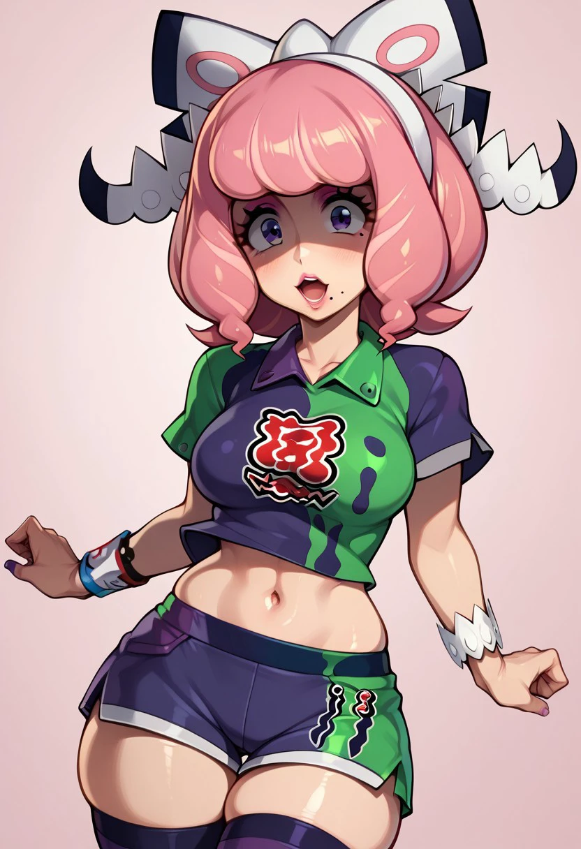 score_9, score_8_up, score_7_up, deep skin, shiny skin, skindentation, source_anime, high quality, highres, (curvy), ((wide hips)),, thick thighs, cute, , sexy, medium breasts, klara_pokemonswsh, pink hair, mole under mouth, purple shirt, purple sport shorts, collared shirt, two-tone shirt, purple stockings, purple eyes, purple eyeshadow, pink lipstick, short sleeves, printed shirt, hair bow, white headband, shocked, pink background