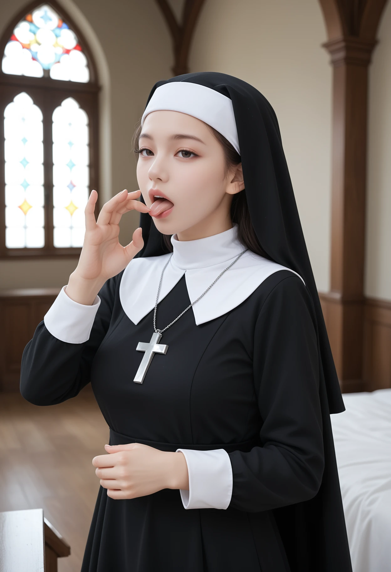 (8k resolution:1.1), (solo:1.5), (masterpiece:1.3), (High definition:1.1), (ultra quality:2.0), (crisp:1.1), (sharp:1.1), (Reality:1.6), (Dynamic Angle:1.3). scene: (full body, solo, (AIDA_MalPo:0.95)) blushing face, (single hair bun:1) (cute,), perfect glistening skin, (wearing modest nuns habit cross necklace long sleeves black dress :1.3). (location: spanish mission:1.4) ,<lora:nun_cos_v10:0.6>