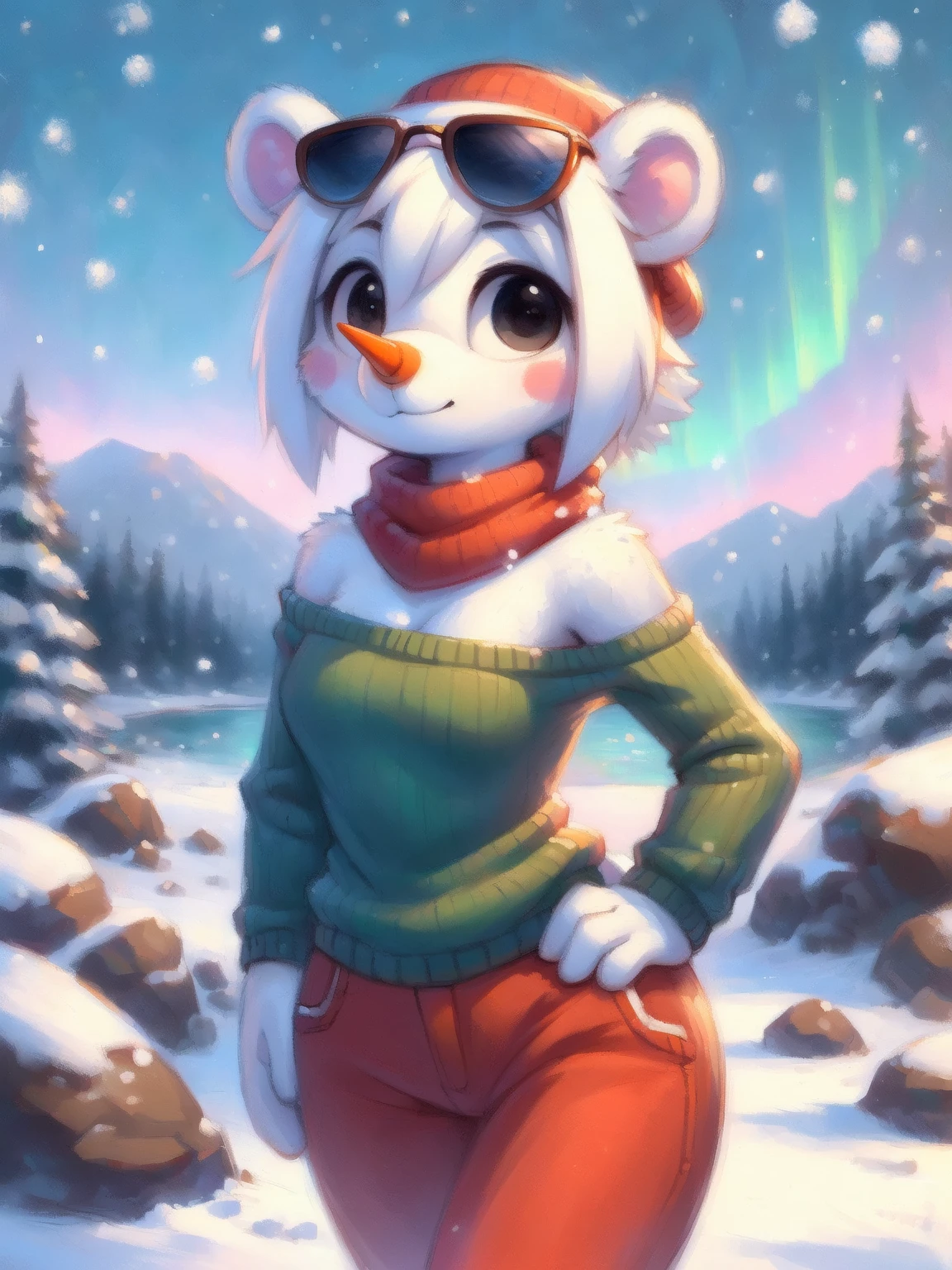 traditional media \(artwork\), pencil \(artwork\), sketch, digital drawing \(artwork\), cute cartoon style, depth of field, masterpiece, hi res, toony, 2d \(artwork\), crayon \(artwork\), colored sketch, guide lines,
FurrySnowCreature, anthro, solo, female, white body, (polar bear), (round ears, short tail), (snow creature:1.25), (snowman), carrot nose, (brown arms, wooden arms, stick arms, 4 fingers),  detailed glistening black eyes,
(medium white hair, messy hair, detailed hair), small shoulders, collarbone, medium breasts, small waist, blush,
((green sweater, red pants, black buttons, red headwear, red scarf, sunglasses on head)),
([looking at viewer], close-up, (three-quarter portrait, full-length portrait), hand on hip),
(sunset, sunlight, blue sky, forest, shrub, lake, river, tree, mountain landscape, rocks, sand, snow, winter, cloud, (aurora boreali)),
(best quality, good quality:1.4), <lora:btets_v2.0_:0.6>, btets, <lora:GoodHands-beta2:0.8>, fluffity_v4, <lora:fluffyrock-quality-tags-v4:0.8>, <lora:add_detail:-0.5>, <lora:FurrySnowCreature-V2-000009:0.9>