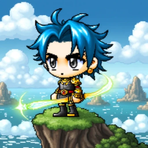 A young warrior with spiky blue hair, wearing intricately designed golden armor, stands atop a floating island. The character holds a glowing sword and gazes into the horizon. The sky is filled with floating airships, and magical particles surround the scene. The character has a chibi-style appearance with exaggerated, cute facial features.