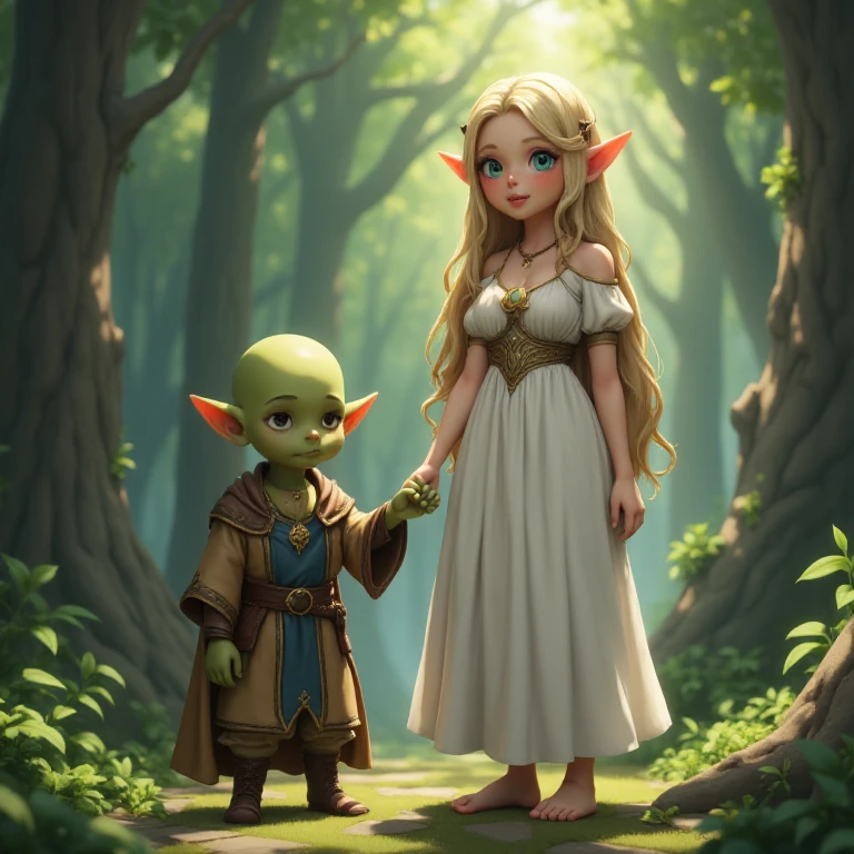 a small green-skinned bald ugly goblin  stands next to a beautiful tall elf princess, in the style of anime hentai, <lora:alexandria-000001:0.7>