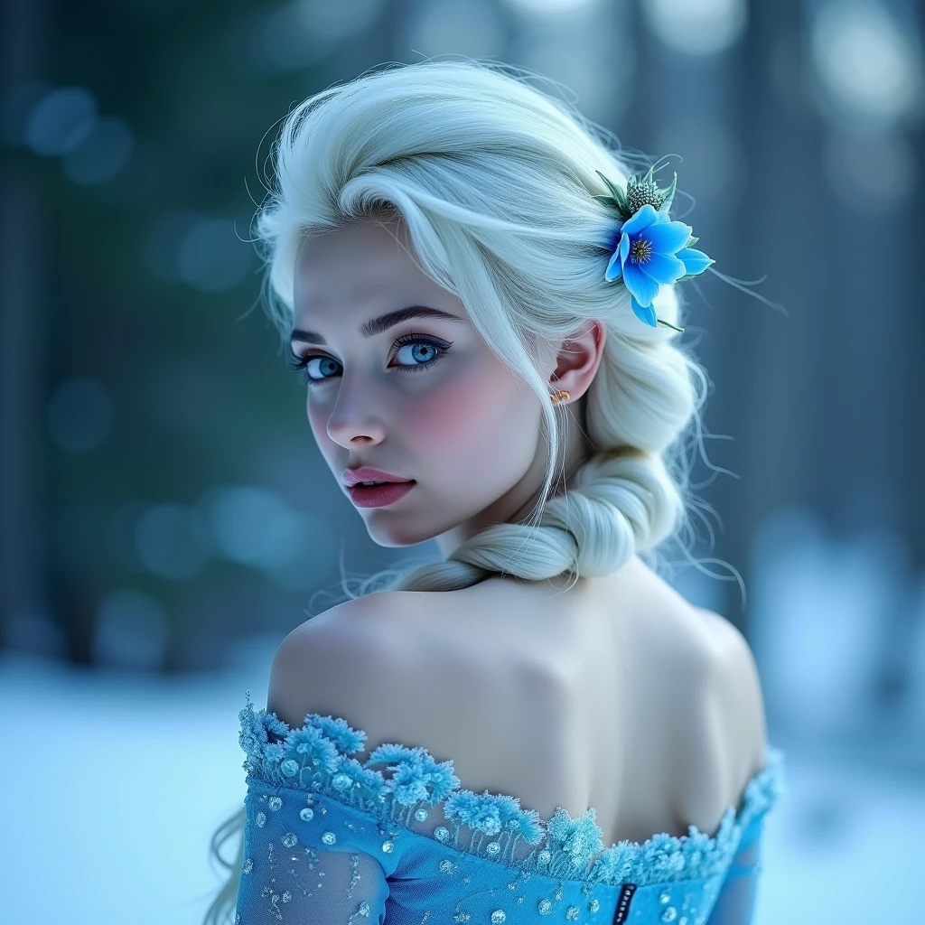 UHD, 4k, ultra detailed, cinematic, a photograph of  <lora:skin tone style v1:1>
A cinematic white ice cold skin tone shot of a woman with a blue dress and a white hair, movie themed style, sharp, detailed, epic cinematic photorealism style, artistic creative style, dramatic cinematic light style, cinematic color style, skin tone style, white ice cold skin tone style, snow queen style, 1girl, solo, looking at viewer, blue eyes, hair ornament, dress, bare shoulders, upper body, flower, white hair, looking back, hair flower, lips, eyelashes, back, snow, ice, realistic, snowflakes, elsa (frozen), off shoulder, sparkle, hair up
, epic, beautiful lighting, inpsiring