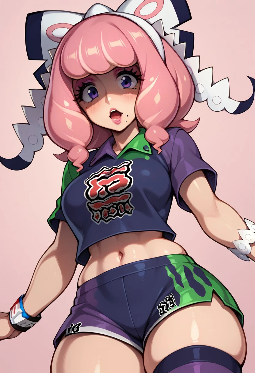 score_9, score_8_up, score_7_up, deep skin, shiny skin, skindentation, source_anime, high quality, highres, (curvy), ((wide hips)),, thick thighs, cute, , sexy, medium breasts, klara_pokemonswsh, pink hair, mole under mouth, purple shirt, purple sport shorts, collared shirt, two-tone shirt, purple stockings, purple eyes, purple eyeshadow, pink lipstick, short sleeves, printed shirt, hair bow, white headband, shocked, pink background