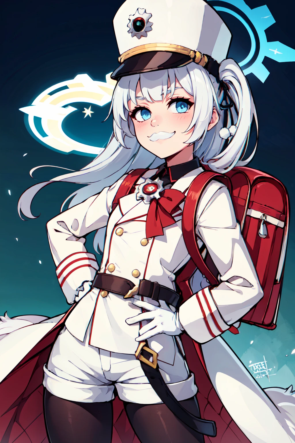 ((masterpiece,best quality)), absurdres,  BREAK, , <lora:Cherino_BlueArchive_Citron:0.8>, zzCherino, blue eyes, white hair, long hair, two side up, halo, hat, ribbon, shako cap, fake mustache white coat, white shorts, white gloves, black pantyhose, randoseru (backpack), pom-pom hair ornament , BREAK, hip to the side, hand on hip, contrapposto,, BREAK, solo, smile, looking at viewer, cowboy shot,