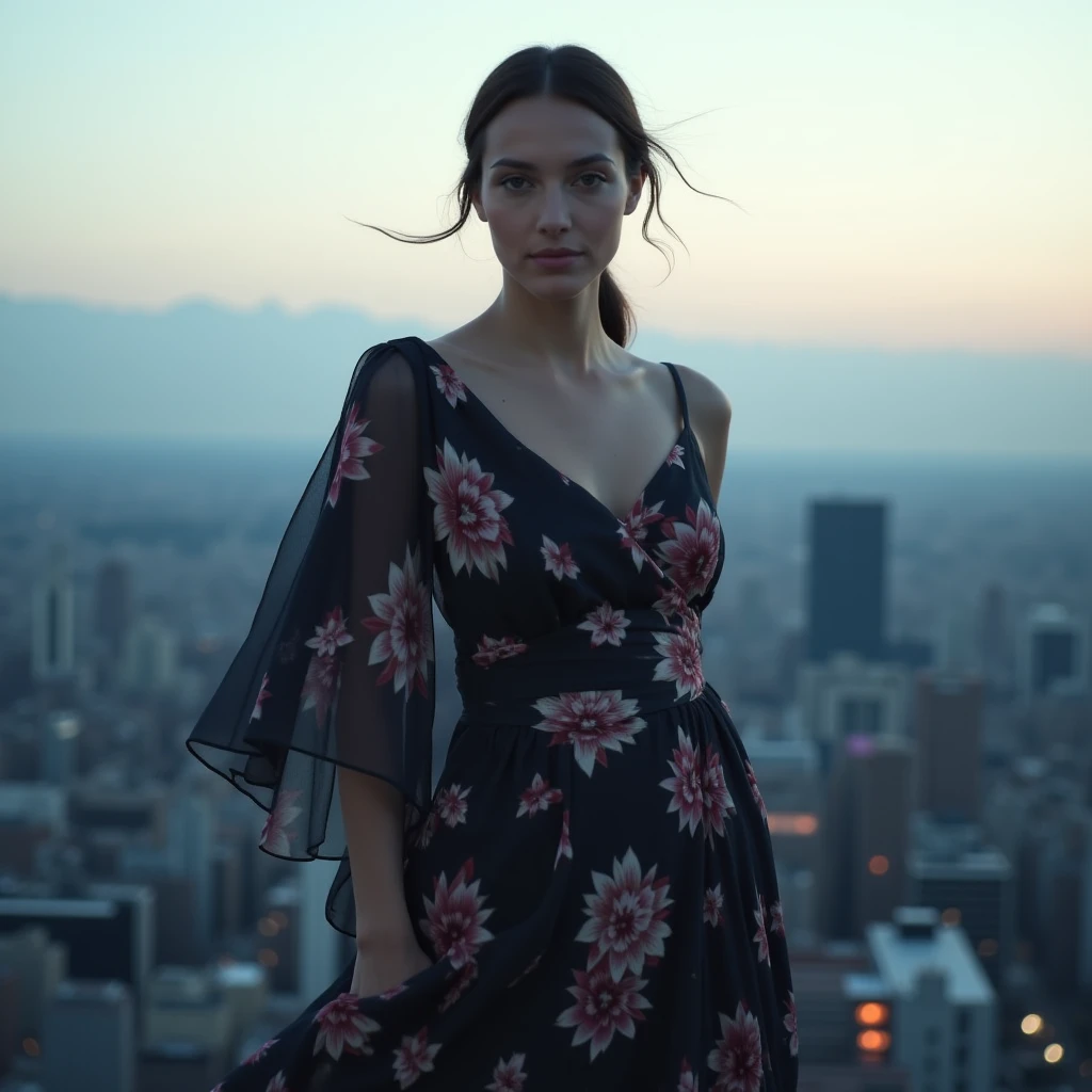 floral maxi dress,A lone woman stands resolute against a soft, gradient twilight backdrop, cape billowing softly in the breeze. Her piercing eyes captivate, shards of reflective glass hinting at the mysteries within. The cityscape, a subtle blend of concrete and steel, emerges from the fading shadows, maintaining the essence of bareness and intimacy.