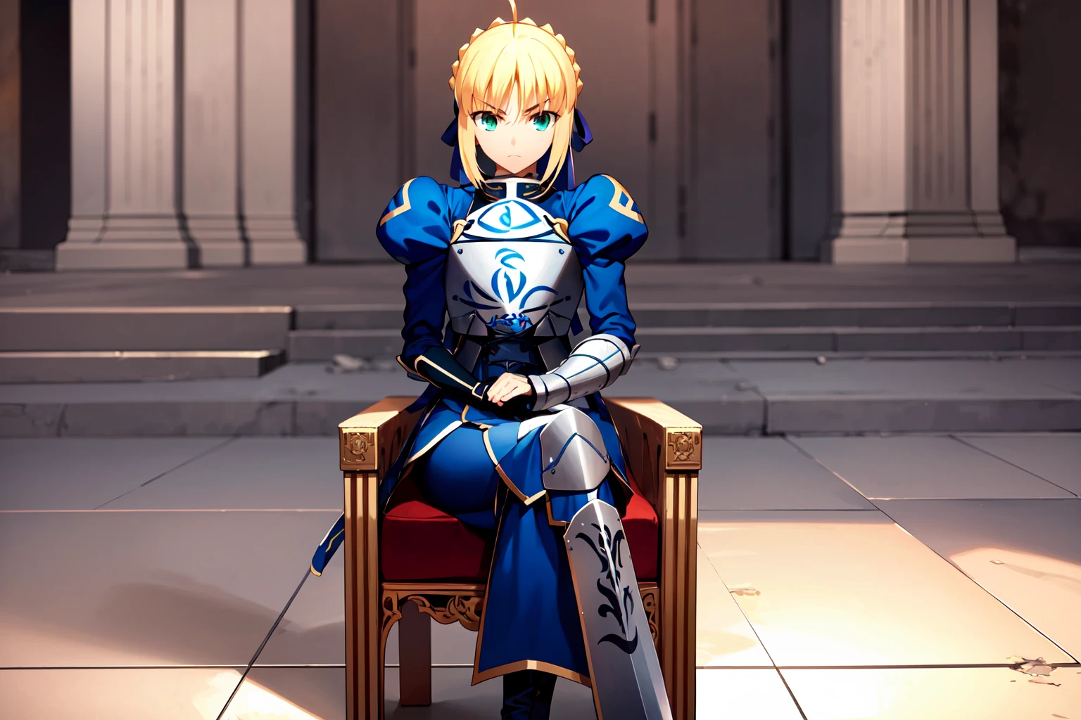 (RAW photo, best quality), 1girl, natural lighting,
<lora:saber_atoria_v1_2-000006:1>, artoria, armor, giant sword, sitting on throne, looking serious, ribbon,