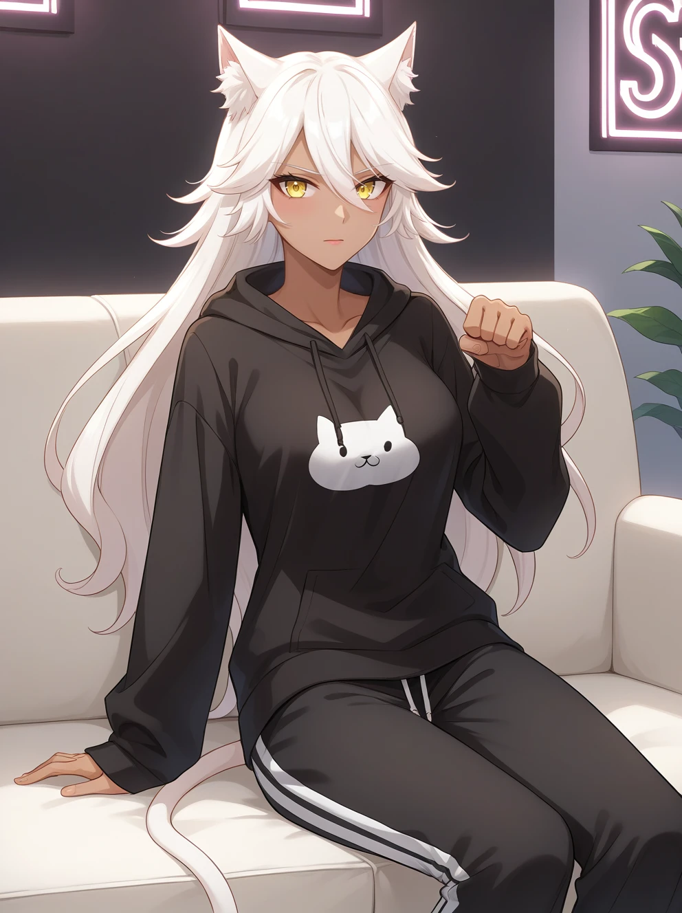 score_9, score_8, score_7_up, source_anime,
granart needakitta, animal ears, white hair, long hair,dark-skinned female, white cat tail, yellow eyes,1girl, solo, animal ears
medium breasts, 
sitting on the sofa, watching tv, candles, neon lights, snacks, pullover, sweatpants, paw pose
  <lora:StS_PonyXL_Detail_Slider_v1.4_iteration_3:0.2> <lora:Expressive_H:0.1> <lora:housechores-guy-PONYv1:0.4> <lora:granart needakitta 0.1:0.65>