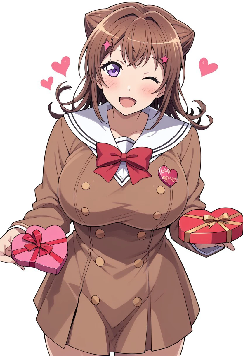 KasumiToyama, 1girl, solo, long hair, looking at viewer, blush, smile, open mouth, simple background, brown hair, hair ornament, long sleeves, white background, dress, bow, ribbon, holding, large breasts, school uniform, standing, purple eyes, collarbone, cowboy shot, one eye closed, bowtie, medium hair, sailor collar, hair bun, star (symbol), red bow, red ribbon, head tilt, buttons, ;d, box, red bowtie, gift, sailor dress, white sailor collar, star hair ornament, valentine, gift box, double-breasted, brown dress, pleated dress,short dress,short skirt,brown skirt, cone hair bun, holding gift, heart-shaped box, hanasakigawa school uniform,school hall background