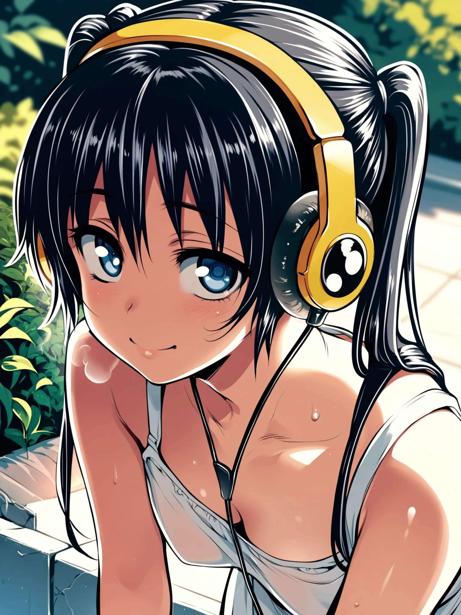 <lora:happy_tentacle-mayu-v0.1-000033:0.9>, ht_mayu, headphones, black hair, blue eyes, sundress, outdoors , 1girl, solo, upper body , , ( smile :1), heavy breathing , looking at viewer , bent over, downblouse , facing viewer , score_9, score_8_up, score_7_up, score_6_up, score_5_up, score_4_up