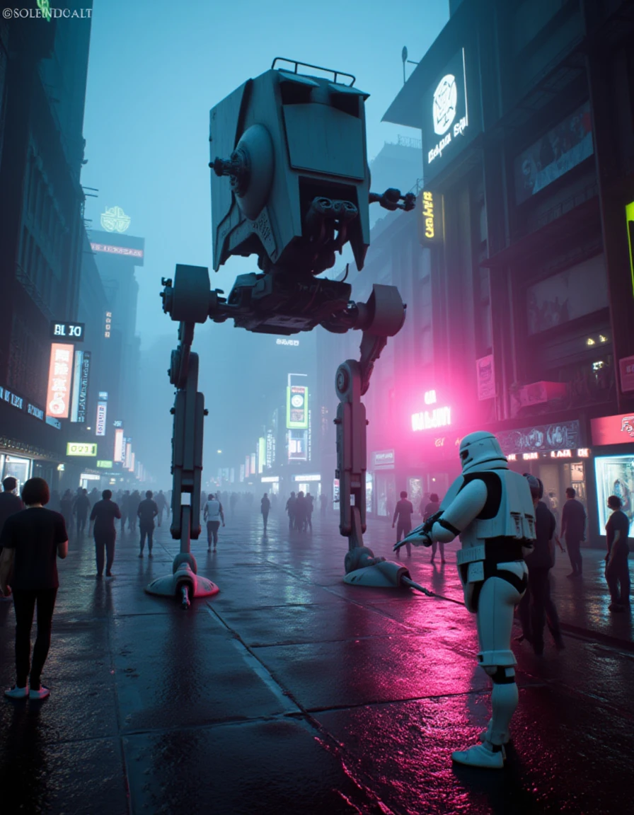 a star wars style, lucasfilm, movie still of an 10 meters tall at-st,walking down the cyberpunk city street,neon lights,dramatic angle,epic composition,foggy,lightrays, rule of thirds,<lora:AT-ST:1>, <lora:star wars style v1:1>,stormtroopers