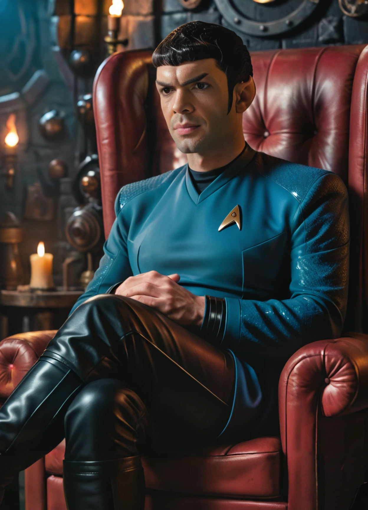 score_9, score_8_up, score_7_up, source_realistic, rating_questionable, mogspock vulcan sitting down with legs crossed and hands resting on the knees  , background is dark red and black leather dungeon room  <lora:mogspock_PDXL_v2-000006:1>