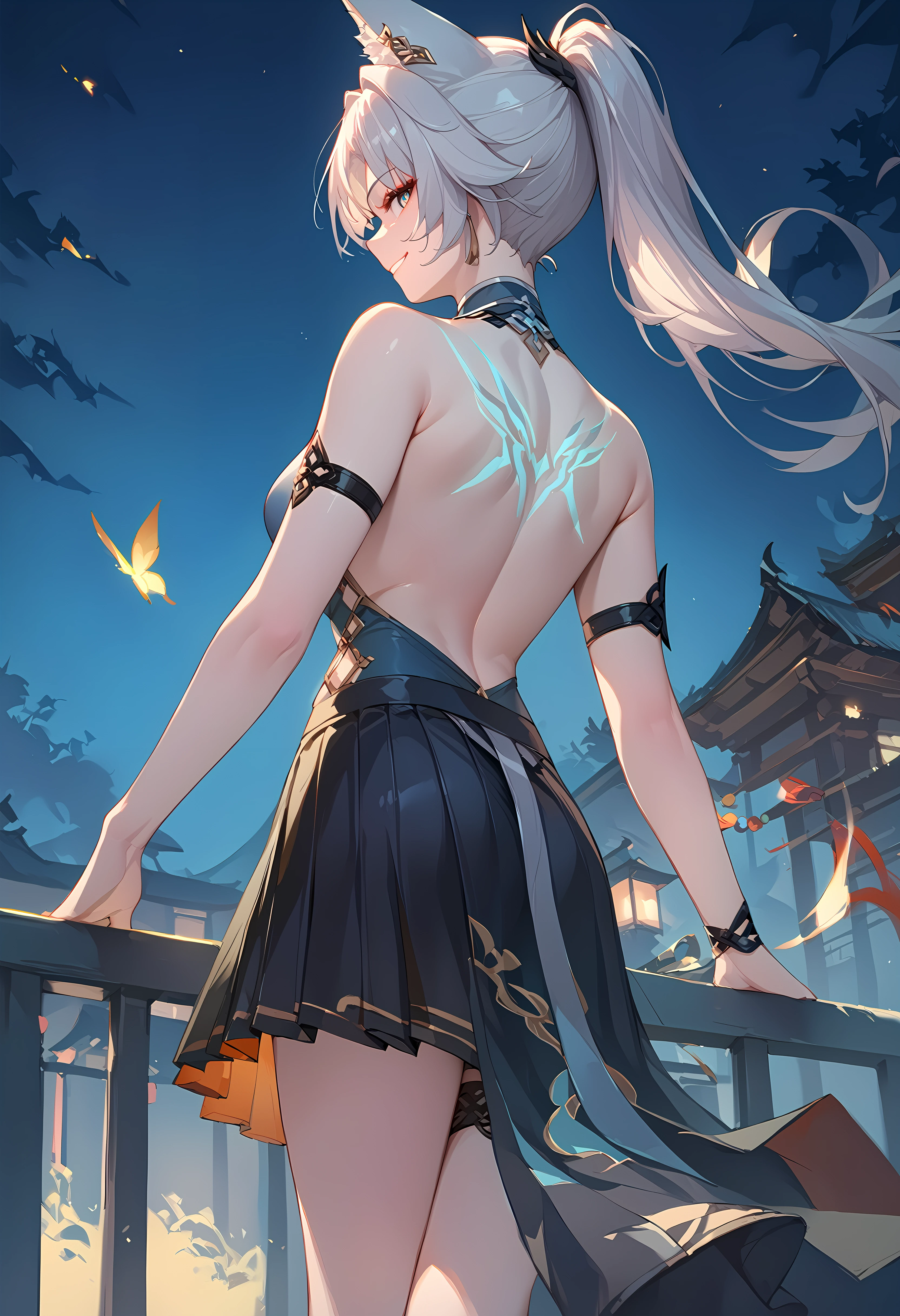 (score_9, score_8_up, score_7_up), 1girl, solo, feixiao, bare shoulders, arm strap, half-skirt, back tattoo, from behind, glowing, smile, night, <lora:feixiao-strPO-v1A:0.9>