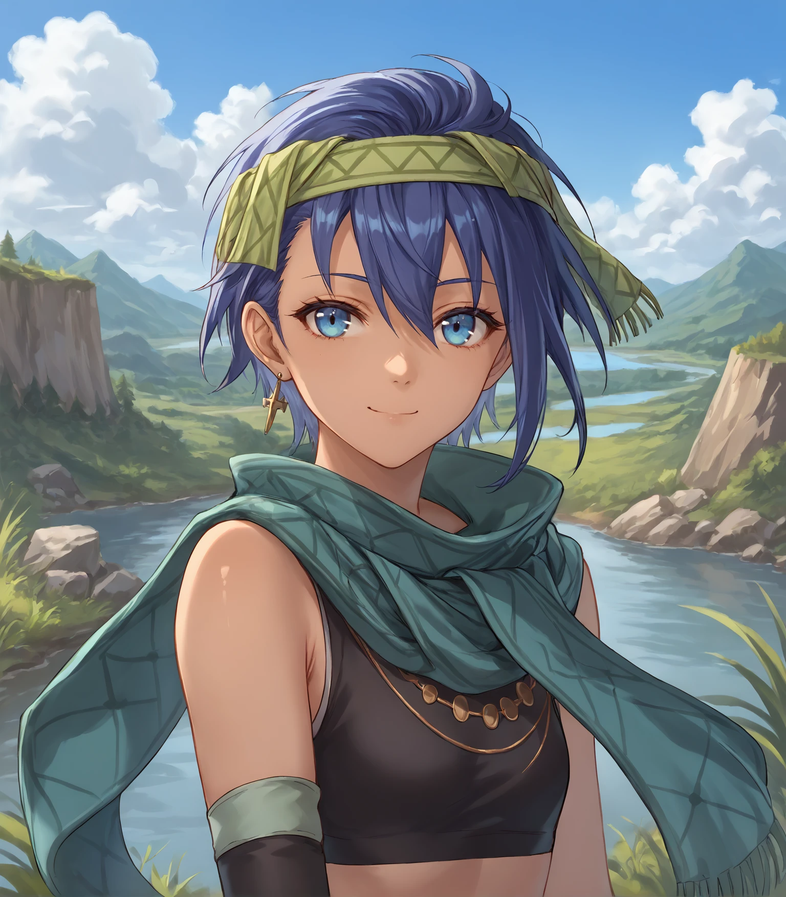 score_9, score_8_up, score_7_up,
1girl, solo, 
<lora:FeriAlFayedKai:0.9>, Feri Al-Fayed, blue eyes, blue hair, medium hair, dark-skinned female, small breasts, headband, single earring, green scarf, black crop top, elbow glove, 
 looking at viewer, smile, upper body, portrait,
outdoors, clouds, valley, plants, rocks, river,
<lora:LDART_style_pony_v3:0.7>,, <lora:Racoonkun_Artist_Style:0.4>, racoonsan,, ,