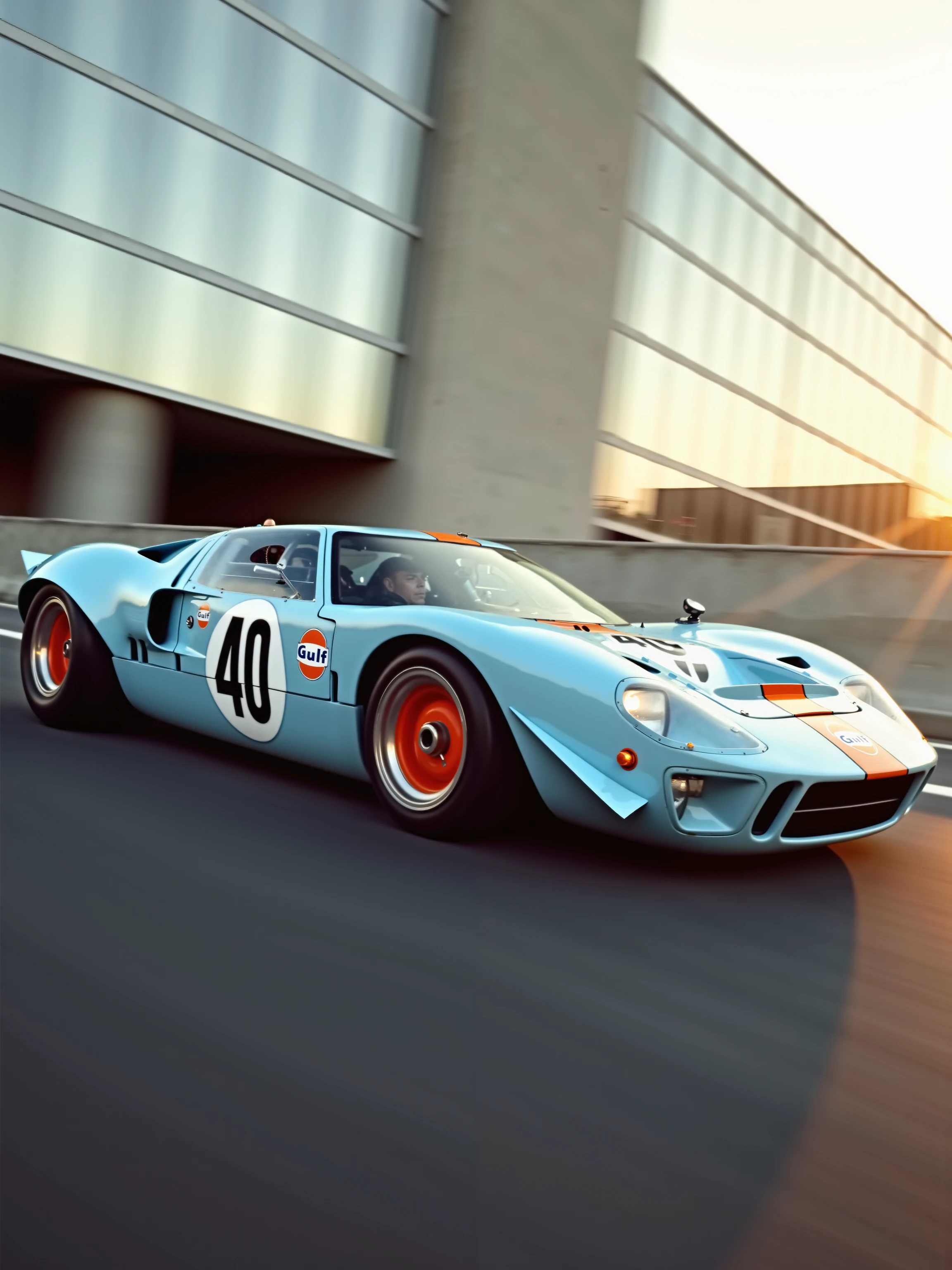 cinematic, side-view portrait of a Ford GT40 in motion, adorned in the iconic Gulf racing livery. The car’s sleek, low body is painted in light powder blue, accented by bold orange stripes that run along the center of the car, instantly recognizable as part of motorsport history. The large number “40” is prominently displayed on the side of the car, emphasizing its heritage as a legendary racecar. The vivid orange wheels stand out against the car’s streamlined, aerodynamic profile, adding a burst of color to the already striking design.

The Ford GT40 is captured driving through a modern urban environment, its legendary form contrasting with the minimalist, concrete structures of the city. The setting sun casts a warm glow, reflecting softly off the smooth surfaces of the car, while shadows accentuate the sharp lines and curves of its design. The scene feels both nostalgic and futuristic, as the vintage racecar cuts through the modern cityscape with speed and precision.

The camera angle is low and dynamic, capturing the car in motion from the side, emphasizing the GT40’s powerful stance as it hugs the road. The iconic Gulf livery is in full view, its colors vivid against the backdrop of the cool, industrial city. The car’s polished surface gleams in the fading light, and the motion blur of the background enhances the sensation of speed and performance, while the car itself remains sharp and in focus.

The mood is a blend of adrenaline and reverence, celebrating the timeless legacy of the Ford GT40 while placing it in a contemporary, urban setting. The combination of classic racing colors, urban architecture, and motion creates a visually stunning scene that encapsulates both the history and enduring appeal of one of the most iconic racecars ever built.