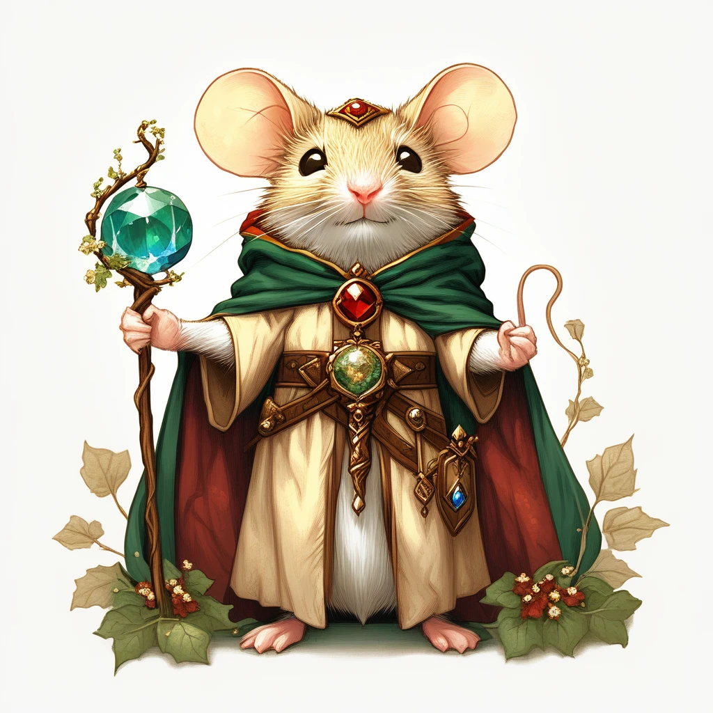 MazesAndMice, The image is a digital illustration of a mouse dressed up as a wizard. The mouse is wearing a red and gold robe with a green cape and a gold belt with a red pendant. It has two large ears and is holding a wand with a blue crystal ball on it. The wand is resting on a branch with green leaves and flowers. The background is a light beige color with a subtle texture. The overall style of the illustration is whimsical and magical., solo, cape, holding, flower, staff, pouch, mouse, standing, full body, furry