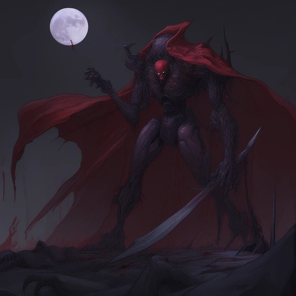 crescent moon, dual wielding, red cape, spear, vampire, pauldrons, blood, beard, robot, eldritch abomination