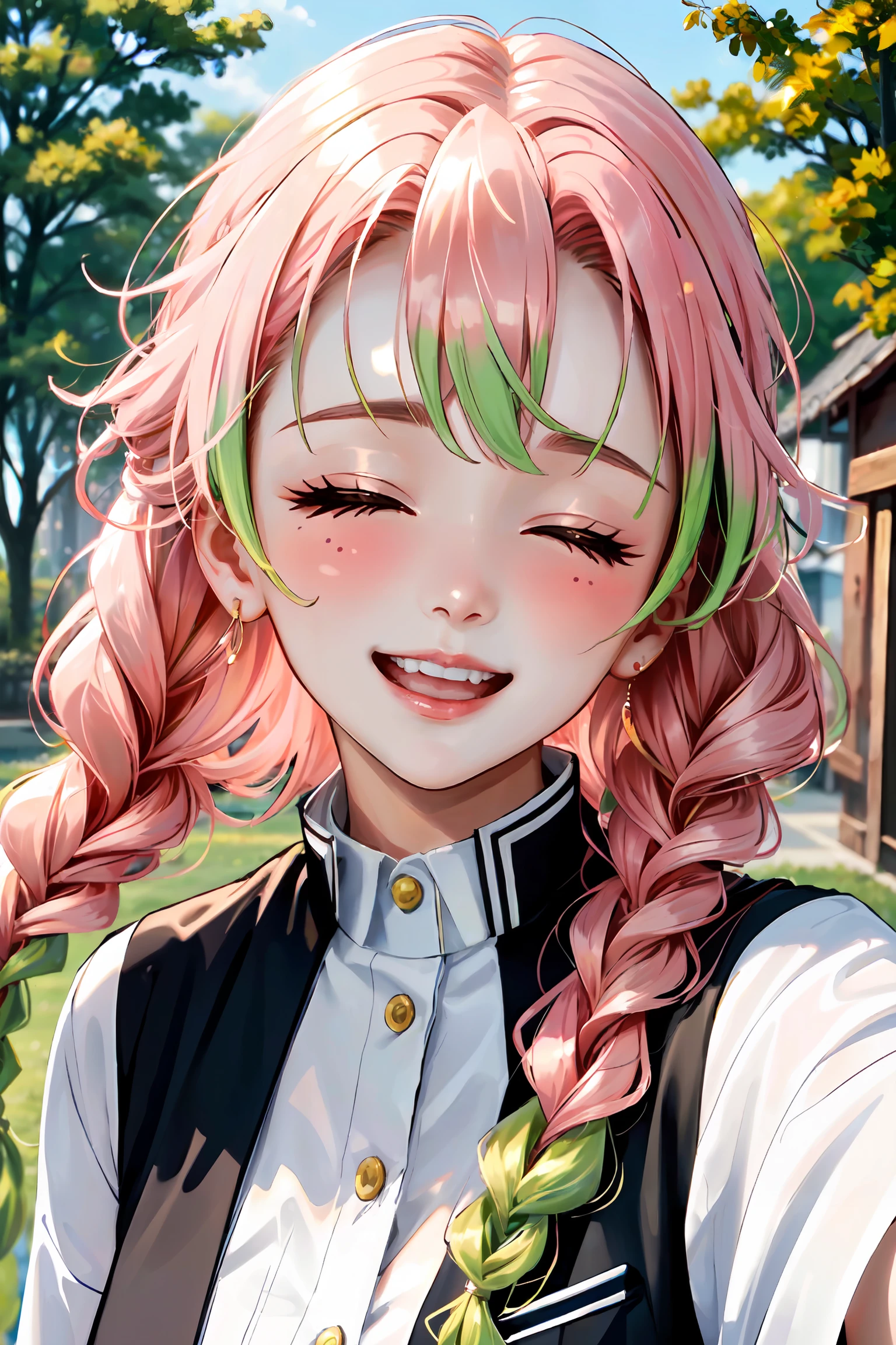 mitsuri_kanroji, 1girl, solo, long hair, blush, smile, open mouth, closed eyes, pink hair, braid, outdoors, green hair, teeth, mole, blurry, twin braids, eyelashes, mole under eye, blurry background, ^_^, happy, portrait, facing viewer, demon slayer uniform, kanroji mitsuri,  <lora:mitsuri_kanroji-03:1>