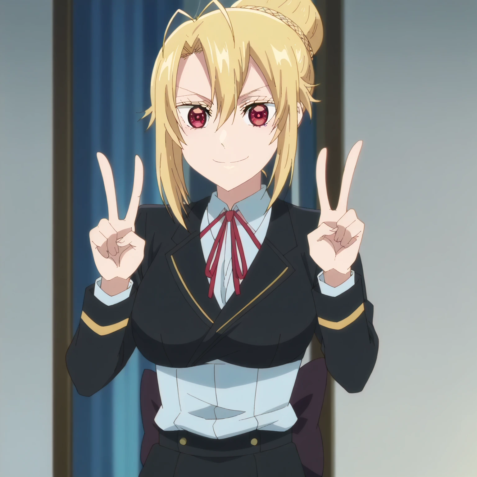 angelica. 1girl, blonde, red eyes, smile, closed mouth, uniform, black skirt, v, peace, double peace, anime screencap, anime, anime coloring, anime screencap, anime screencap <lora:angelica.pony:1.1>