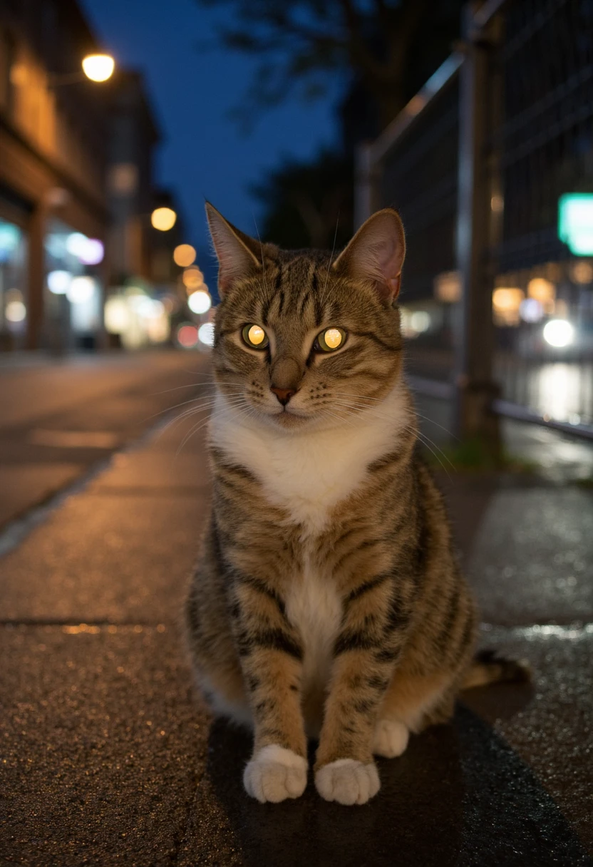 photo of a cat with tapetum sitting on a sidewalk at night, looking at viewer, wet ground, city in background <lora:tapetum:1.5>