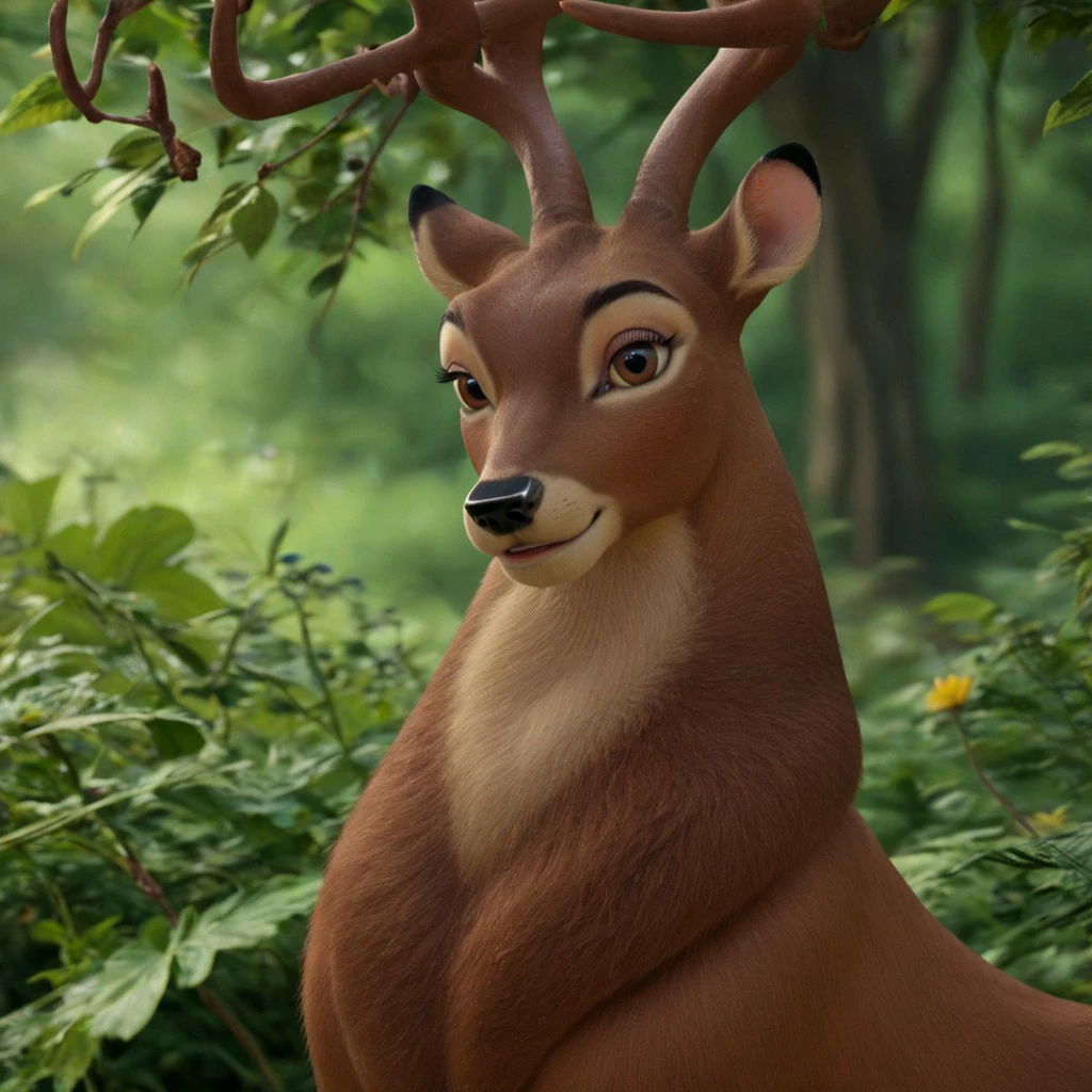 score_9, score_8_up, score_7_up, score_6_up, score_5_up, score_4_up, score_4, detailed face, detailed eyes, detailed fur, male, nature background, detailed background
BREAK
Great Prince of the Forest, GPotF, deer, buck, disney, antlers, brown fur, tan Markings, beige markings, brown eyes, brown eyelids, brown eyeshadow, eyeliner, black eyebrows, smiling, raised eyebrows
BREAK
Headshot
<lora:add-detail-xl:1.0>