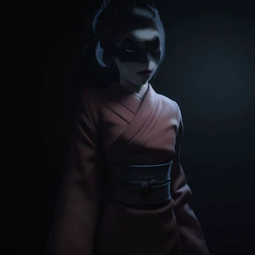 high res, good quality, accurate face, ((high resolution:1.2), (hi-res:1.2), masterpiece, best quality),  easynegative, ng_deepnegative_v1_75t, bad-picture-chill-75v, The Lady, video game character, Little Nightmares, Red kimono , porcelain mask , Taller woman, in a dark room,