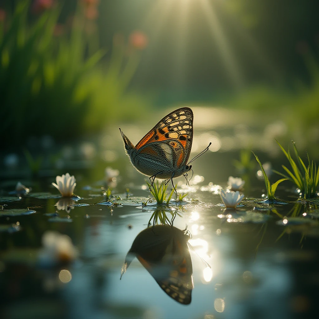 A phantasmal, prism-glass-shatter kaleidoscope of a butterfly perched upon a single blade of dewy grass at the edge of a mirror-like pond, surrounded by the luminescent shadows of an Imogen Cunningham-inspired floral meadow, where delicate petals unfurl, and morning light dances across the serene water's surface, casting an ethereal glow.