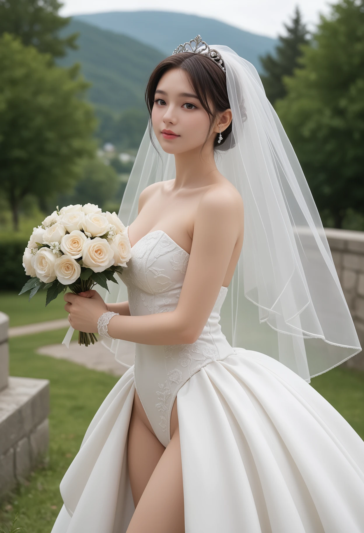 very beautiful girl, asian girl, from the back, ((((Wedding dress))), long skirt, (((slim legs))), blonde, Bridal Hair Accessories, (((wedding veil))), ((flower garden)), ((white panties)), (highly detailed face, highly detailed lips, fine eyes, realistic student), 18-year-old, (((官能的なsmile))), ((highest quality, 16k, masterpiece: 1.3)), 1 girl, light shines on your face, beautiful feet, perfect feet、smile、laughter、吸い込まれるようなsmile、