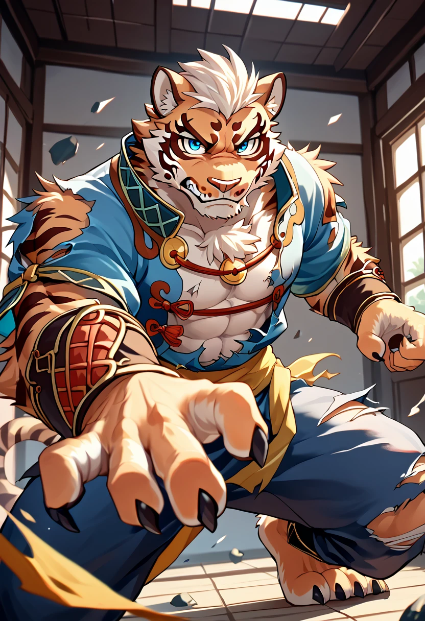 score_9, score_8_up, score_7_up, high quality, hires, solo, lin hu, nekojishi, guardian tiger, furry, muscular, blue eyes, short hair, claws, room, torn clothes, angry, fighting stance, looking at viewer, <lora:Lin_Hu_Nekojishi:1>