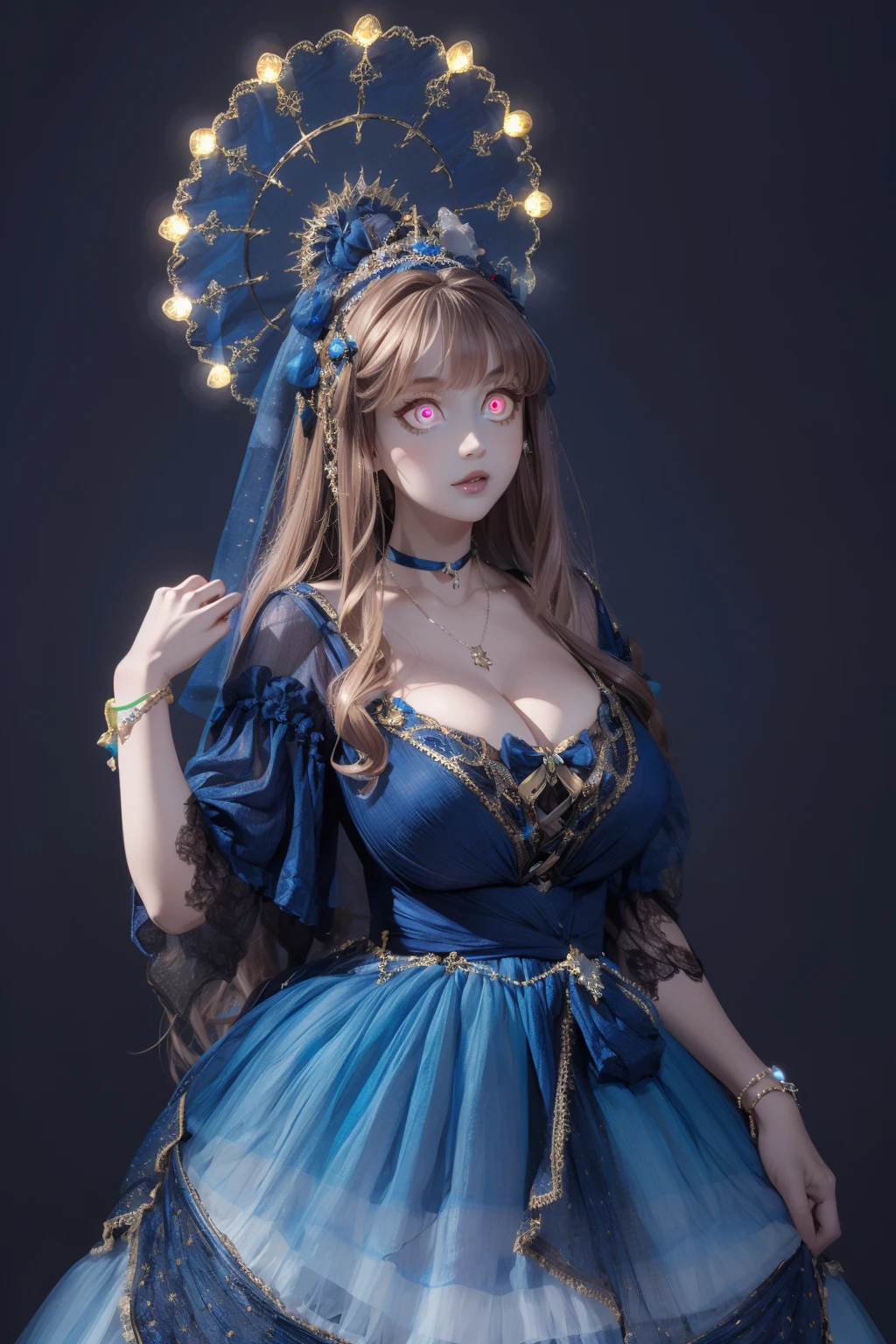 (masterpiece, best quality:1.2),illustration,8k,hd,1 girl,very long hair,solo,cldqz,dress,blue dress,hair ornament,bracelet,jewelry,choker,bracelet,bow,necklace,((cleavage)),big breasts,(glowing  eyes:1.3),