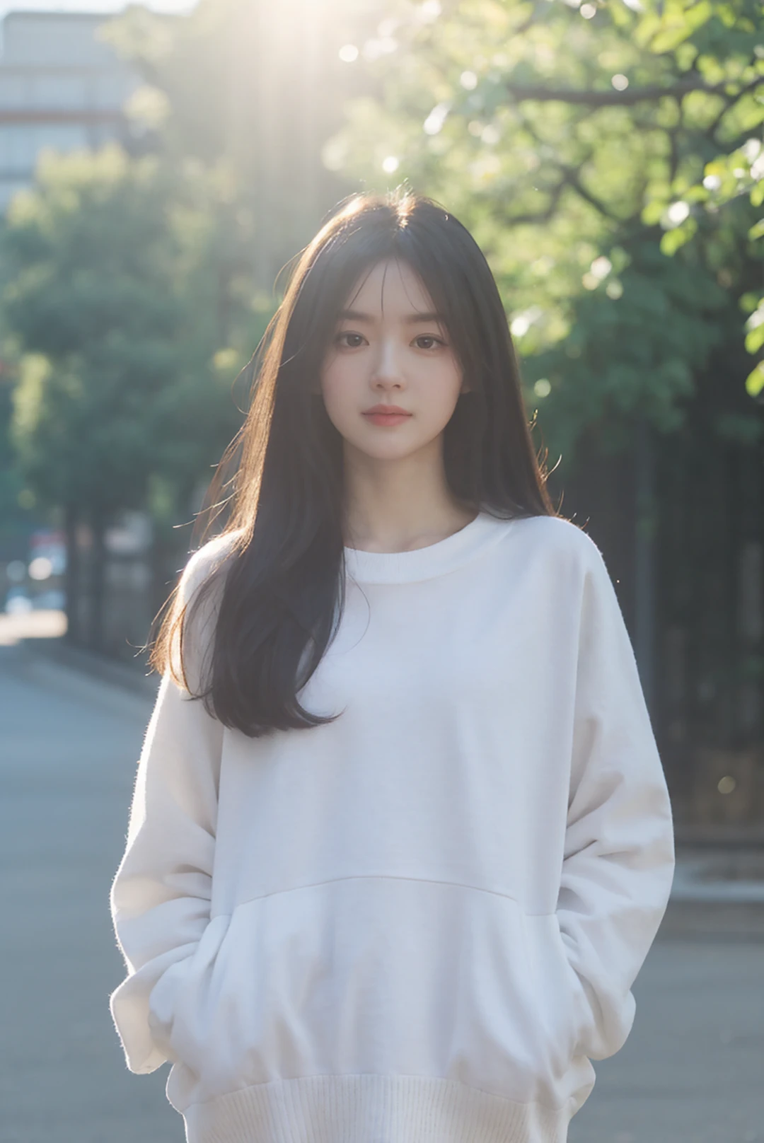 1girl,solo,white sweater,(hands in pockets),standing,looking at viewer,outdoors,sunlight,street,portrait,Highly detailed,(ultra-detailed),(best quality,masterpiece:1.5),<lora:QX:0.7>,qx,