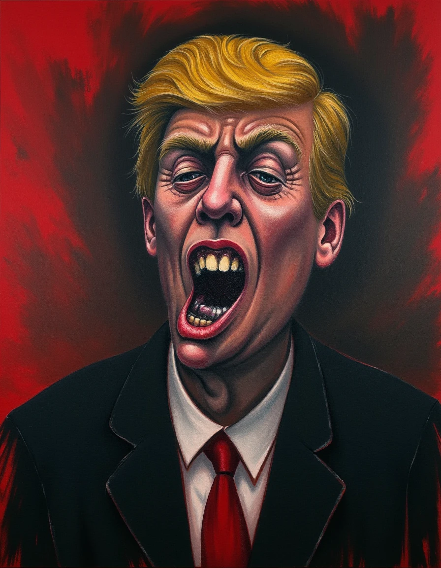 In a hauntingly expressive painting, a figure resembling Donald Trump looms large, depicted in the distinctive style of Francis Bacon. The distorted visage showcases an unsettling blend of features, with exaggerated expressions capturing depths of anxiety and existential dread. His eyes bulge with a manic intensity, while his mouth twists into a grimace, echoing the raw emotional turmoil that Bacon's subjects often embody.

Surrounding this central figure is a cacophony of vivid, brutal colors. Aggressive reds clash with deep blacks and splashes of yellow, creating a visual dissonance that envelops the viewer in a visceral experience. Striking brushstrokes—a chaotic amalgamation of erratic sweeps and sharp lines—add a sense of violent urgency to the composition, making it feel as though the subject is pulsating with frenetic energy.

The background remains abstract, with muddled forms and shadowy hues that enhance the isolation of the figure. This stark contrast pulls attention to Trump, enveloping him in a bleak and oppressive atmosphere, reminiscent of a suffocating space that reflects his public persona's complexities and controversies. Themes of decay and isolation are ever-present, as the figure appears trapped in this dismal environment, symbolizing the intertwining of power and vulnerability.

The overall emotional tone of the painting is one of profound unease, capturing not just a likeness, but an existential commentary on the fleeting nature of power and identity in a turbulent world. A sense of impending doom pervades the scene, inviting viewers to confront the raw human experience behind the public facade. 