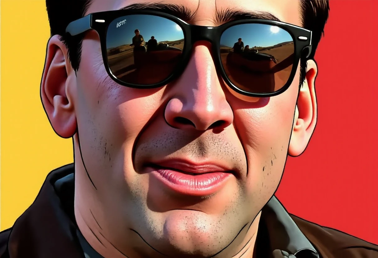 Create an image of CSTR wearing his signature shades in a pop art-inspired digital illustration, channeling Nicolas Cage's distinctive style. Present CSTR in a close-up with sleek, reflective sunglasses that capture the surrounding environment. Convey his cool confidence with a self-assured expression and slight smirk. Use bright, high-contrast lighting to highlight bold outlines and vibrant colors like reds, yellows, and blues. Maintain sharp focus on CSTR's face and shades, excluding detailed background elements for a clean, impactful composition