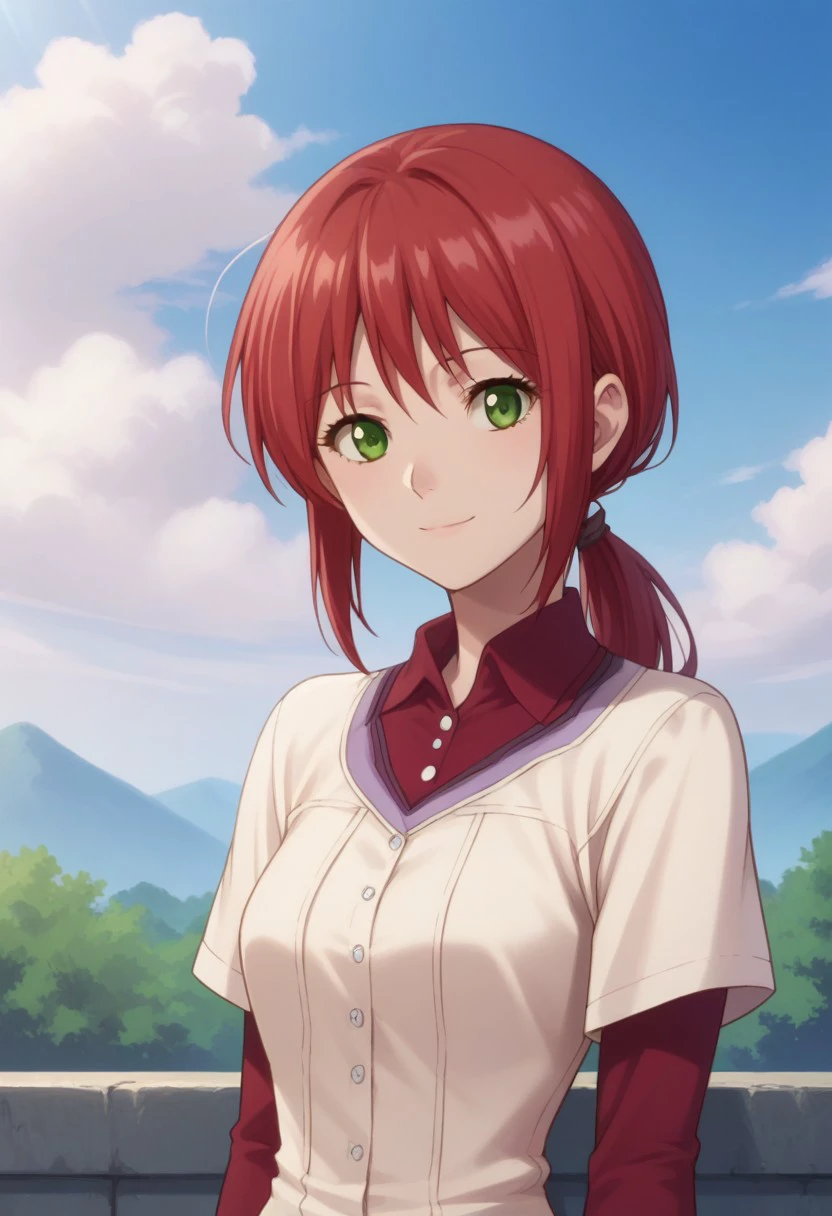 score_9, score_8_up, score_7_up, source_anime, highly detailed, 
shirayuki, 1girl, solo, red hair, green eyes, long hair, ponytail, smile, dress, white dress, shirt, red shirt, looking at viewer, upper body,
outdoor, sky, clouds, tree,