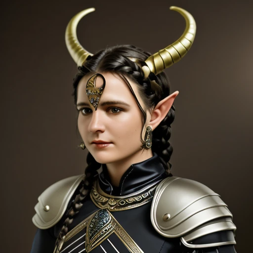 suit, helmet, jewelry, fake horns, braid, pointy ears, upper body, black hair, blurry background, curly hair