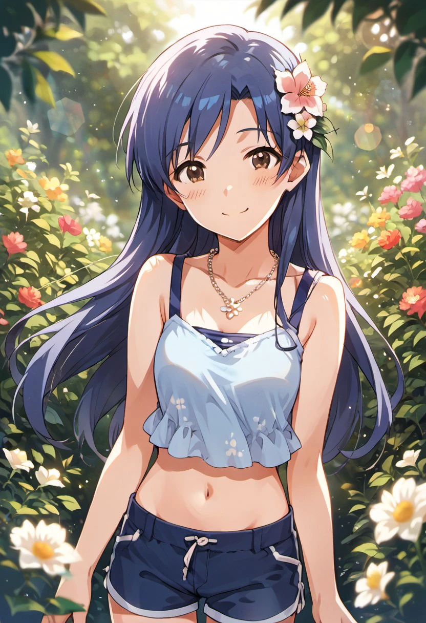 score_9, score_8_up, score_7_up, source_anime,kisaragi chihaya, blue hair, long hair, brown eyes, 1girl, solo, hair ornament, flower, hair flower, smile, blush, navel, necklace, shorts, lens flare, looking at viewer