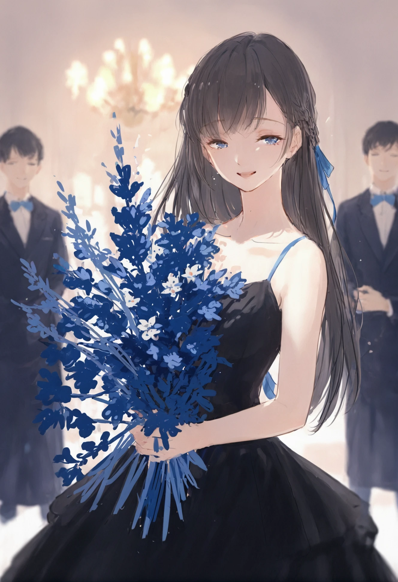 masterpiece, best quality, 1girl, solo, flower, dress, blue ribbon, braid, bouquet, black dress, ribbon, smile, half-closed eyes, open mouth, holding, holding bouquet, long hair 
 <lora:ajimitaXLlokr4f-000178:1>