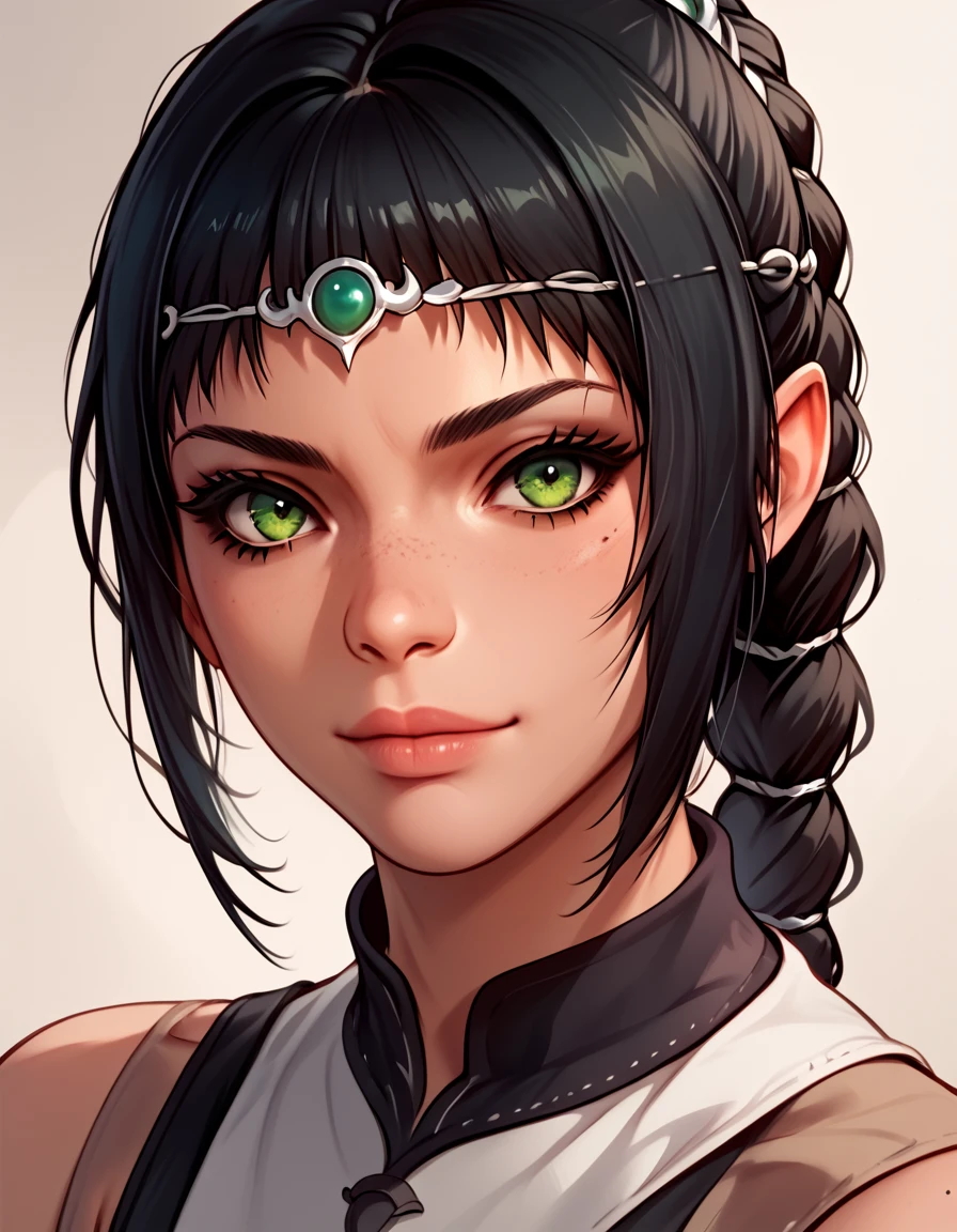 <lora:baldursgate3:1>, shadowheart, black hair, braid, green eyes, score_9, score_8_up, score_7_up, score_6_up, score_5_up, score_4_up, source_anime , 1girl, portrait,