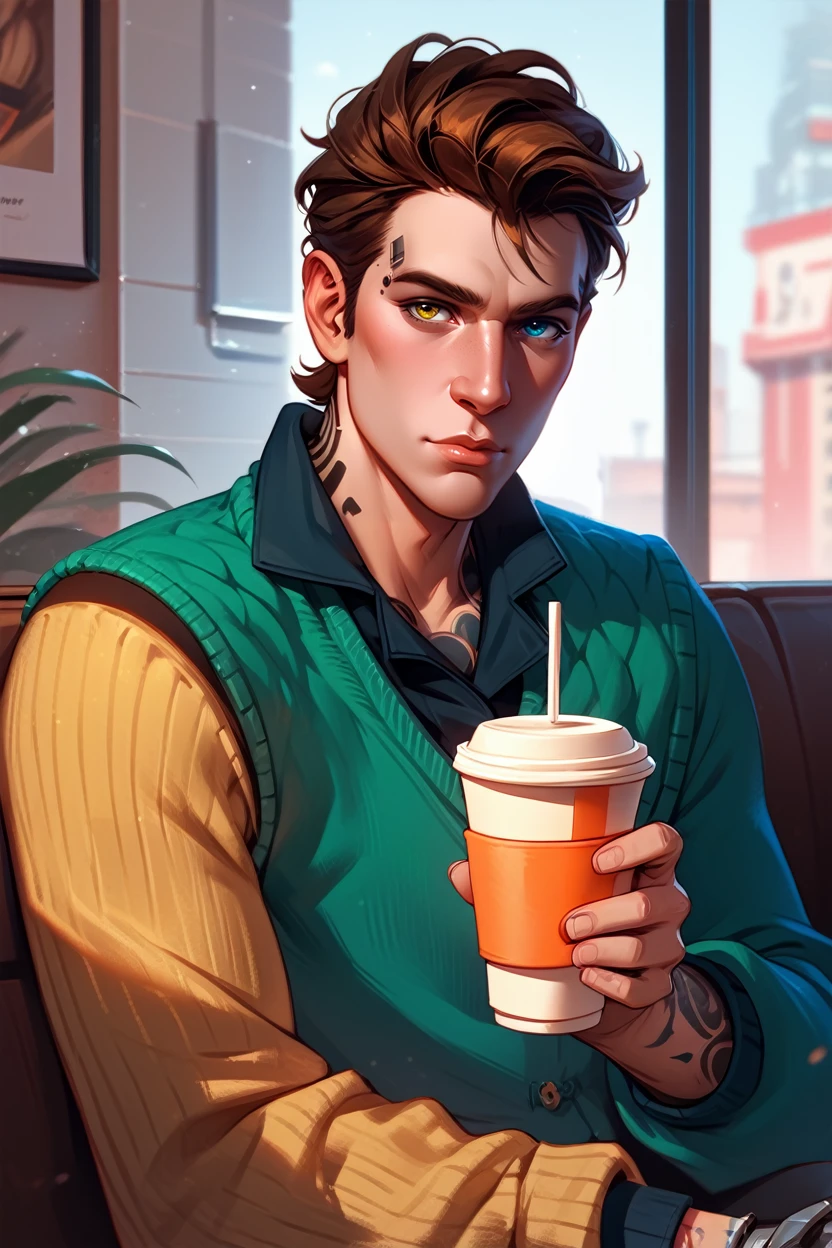 score_9, score_8_up, score_7_up, score_6_up
<lora:BLRhys:0.8>
BLRhys, 1boy, heterochromia, brown hair, android, tattoo, single mechanical arm, looking at viewer, sitting in a modern café, wearing a cozy sweater, sipping coffee, large windows with natural light streaming in, urban and relaxed vibe