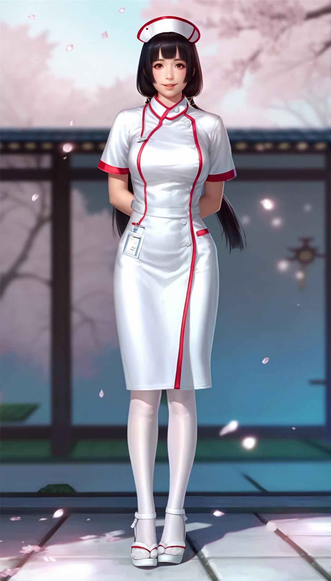 score_9,score_8_up,score_7_up,
<lora:NaotoraIi:0.9>,
naotora ii,
realistic,
1girl,solo,
black hair,blunt bangs,low twintails,
brown eyes,looking at viewer,parted lips,smile,
nurse uniform,nurse cap,white stockings,white sandals,
full body,standing,
blurry background,bloom,lights particle,outdoors,cherry blossoms,japanese style wall,vignetting,len flare,