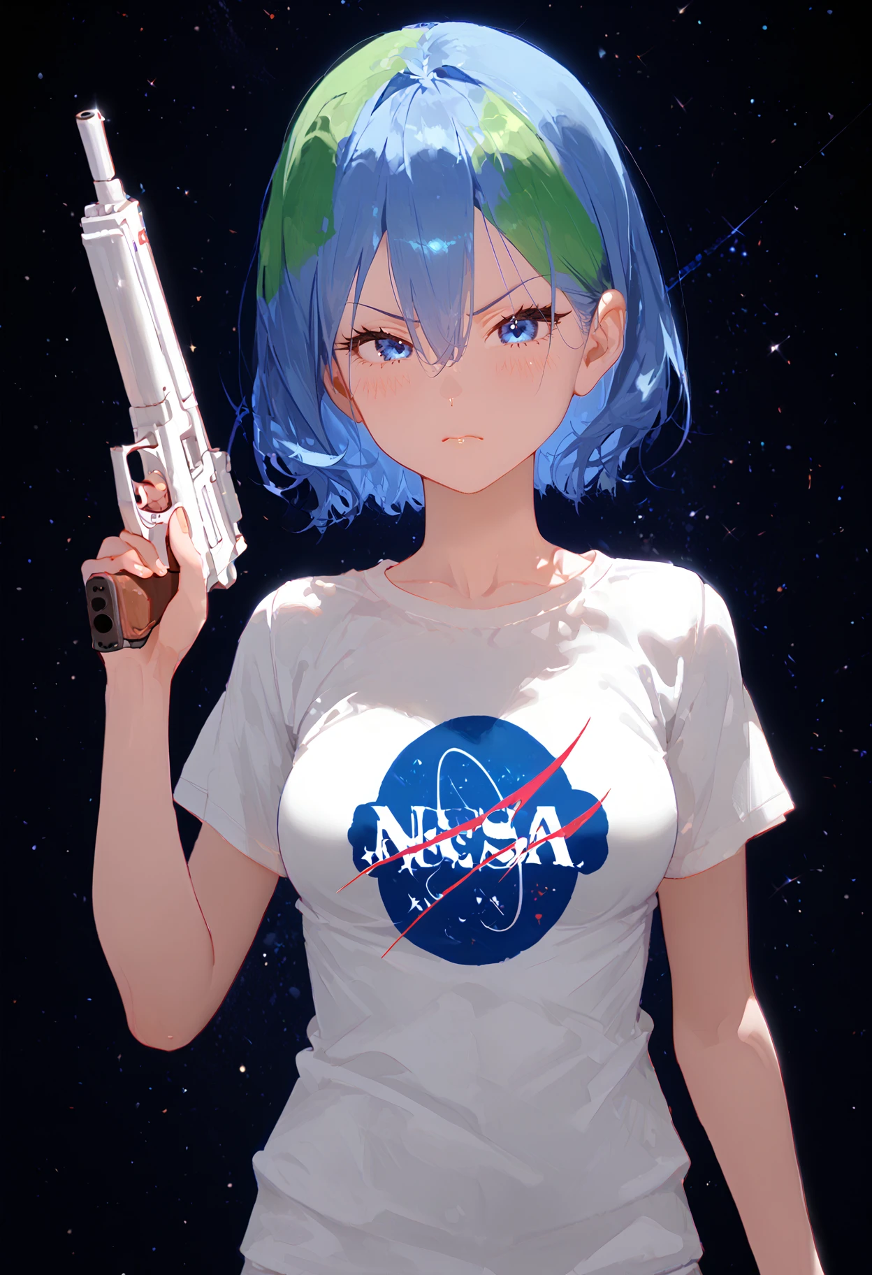 score_9, score_8_up, score_7_up, best quality, source_anime BREAK, Earth-chan, 1girl, green hair, multicolored hair, blue eyes, white shirt, blue hair, two-tone hair, short hair, short sleeves, space, hair between eyes, NASA shirt, blush, medium breasts, holding gun, aiming at viewer, annoyed, upper body, <lora:Earth-chan:1>