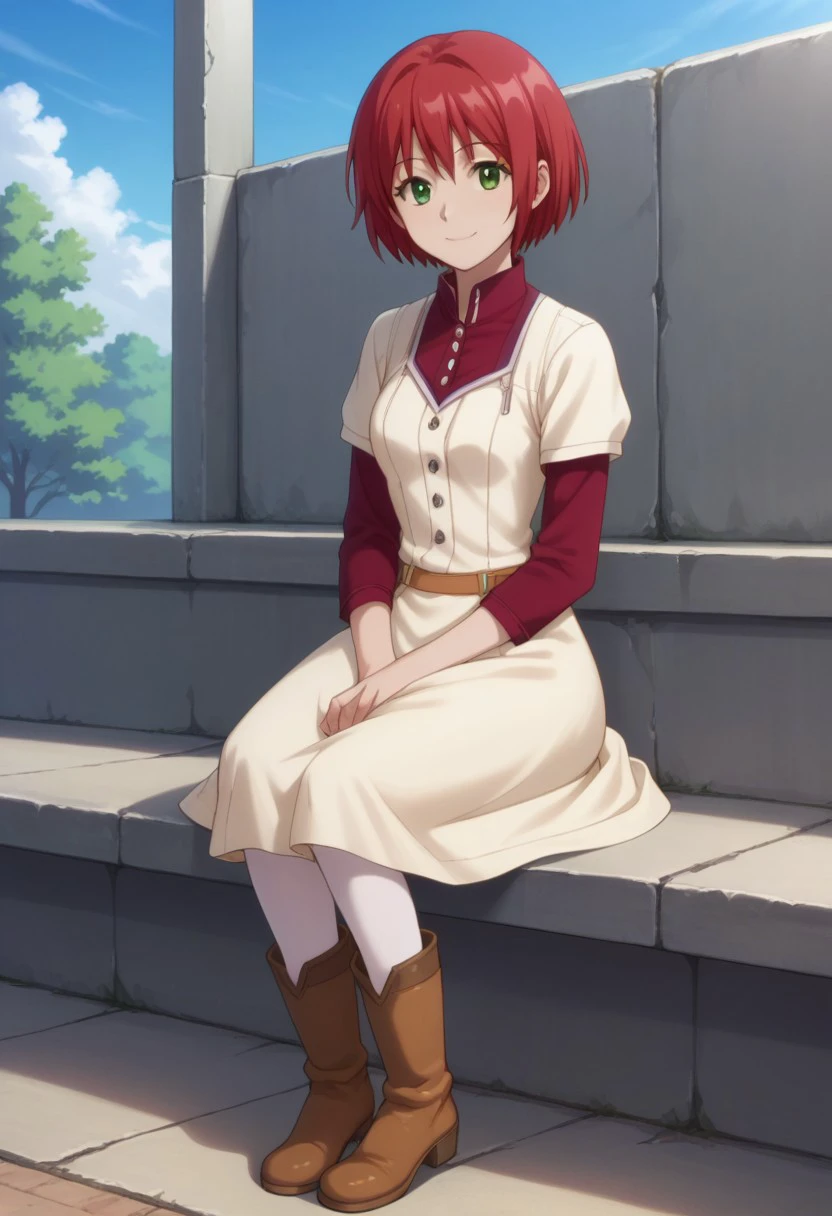 score_9, score_8_up, score_7_up, source_anime, highly detailed, 
shirayuki, 1girl, solo, red hair, green eyes, short hair, boots, white pantyhose, smile, pantyhose, 
dress, white dress, shirt, red shirt, looking at viewer,
outdoor, sky, clouds, tree, sit,