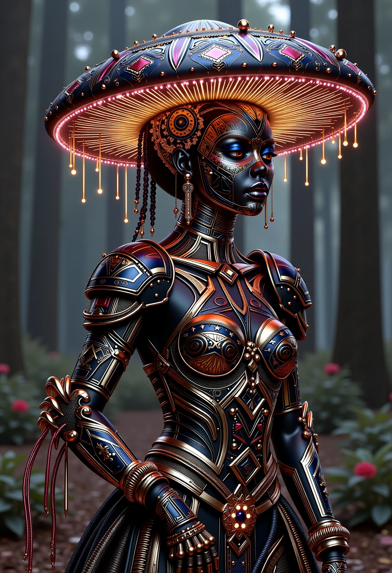 afrofuturism, dark and dramatic molecular gastronomy, vibrant baroque neoncore magical tevphaestus ((francid)) mushroom, with pitch black exoskeleton mycelium armor, glowing trails following her arms, acidwave, aesthetic epic, trending on artstation, intricate artwork by Tooth Wu and Greg Rutkowski, octane render, trending on artstation, cinematic, hyperrealism, magical forrest at night
 <lora:dvr-afrofuturism-flux:1>